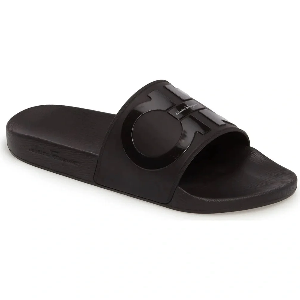 SALVATORE FERRAGAMO BLACK SLIDE SANDALS - Picture 1 of 13